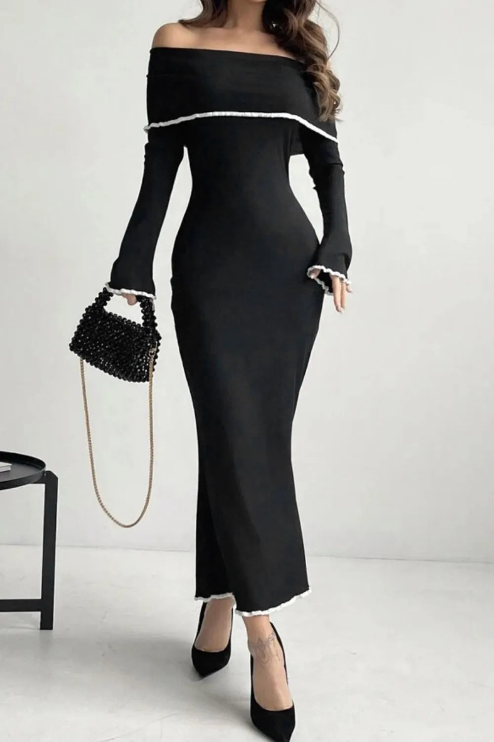 Off-Shoulder Long Sleeve Contrast Trim Maxi Sweater Dress