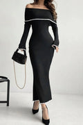 Off-Shoulder Long Sleeve Contrast Trim Maxi Sweater Dress