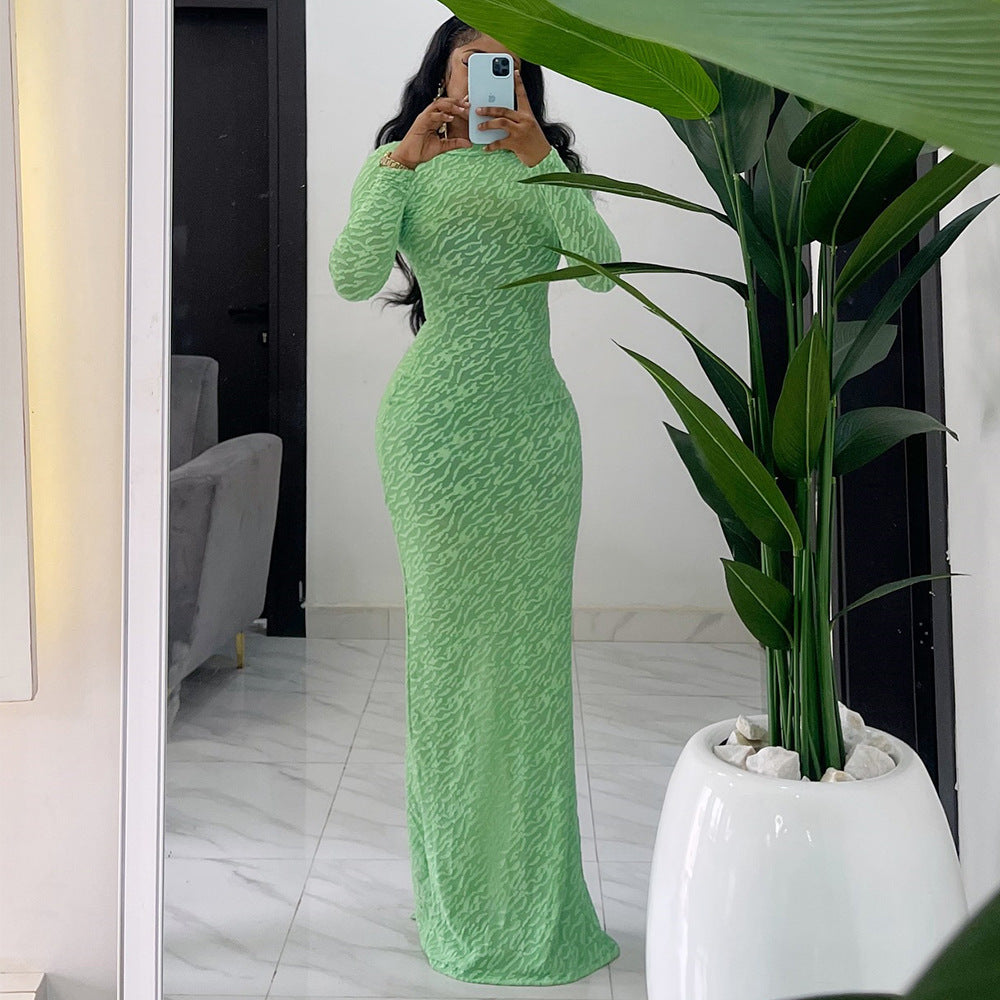 Plush Round Neck Slim Fit Maxi Dress – Long Sleeve