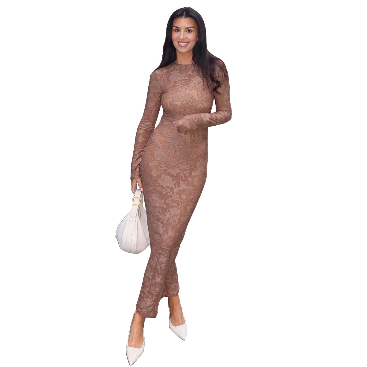 Elastic Jacquard Long Sleeve Straight Maxi Dress