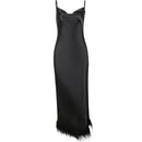Sling Satin Fur Dress Autumn Fashion Women Sexy Open Back Slit Long Skirt