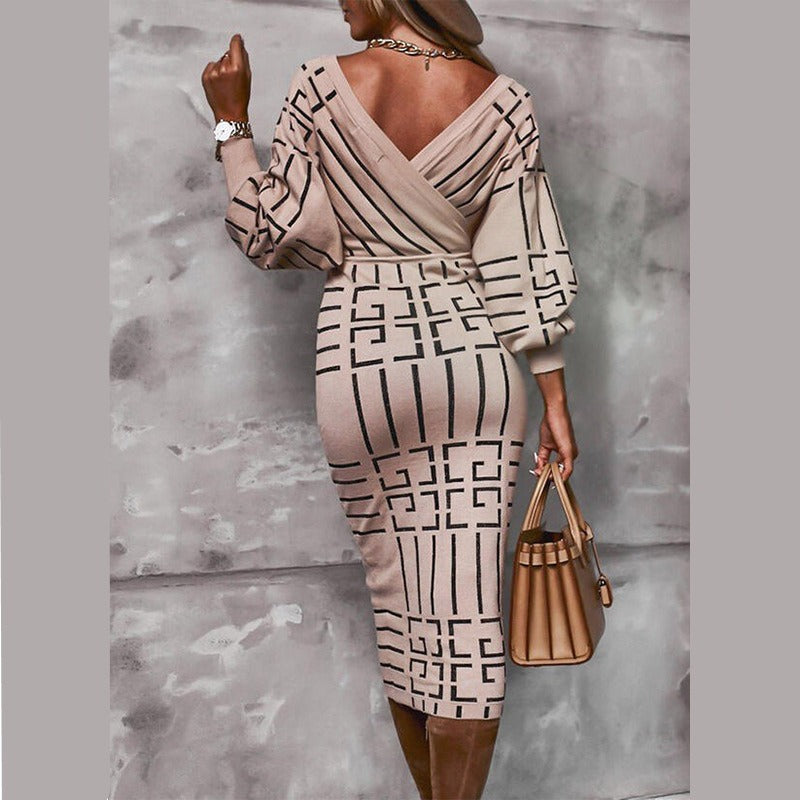 Geometric V-Neck Sweater Dress
