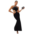 Bandage dress sexy hollow diamond side exposed waist sling hip long dress cocktail dress