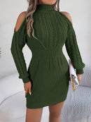 Off-Shoulder Turtleneck Lantern Sleeve Sweater Dress – Casual Chic