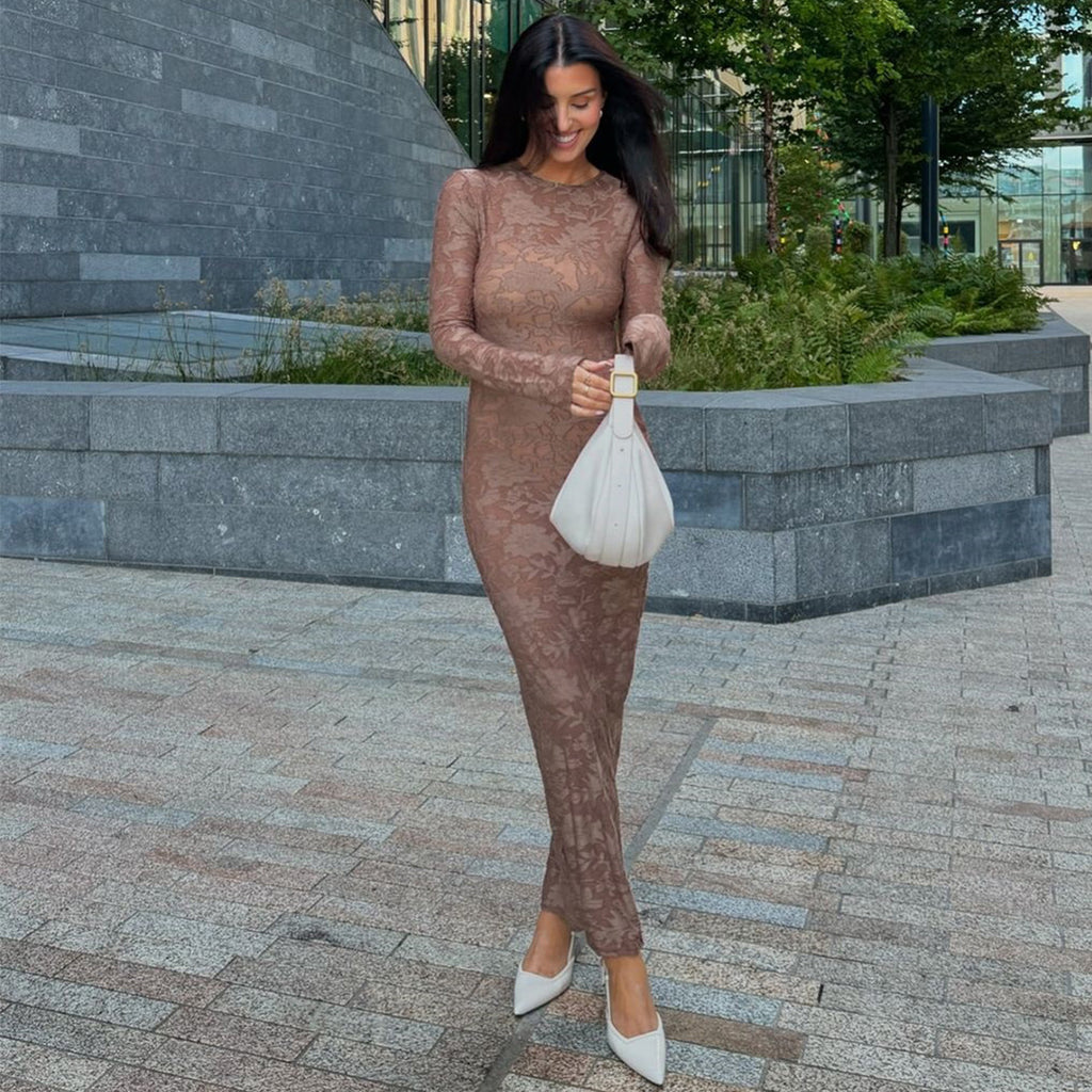 Elastic Jacquard Long Sleeve Straight Maxi Dress