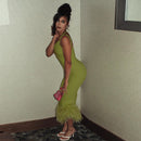 One-Shoulder Halterneck Fur Hem Dress Autumn Sexy Temperament Commuter Slim Long Skirt Women