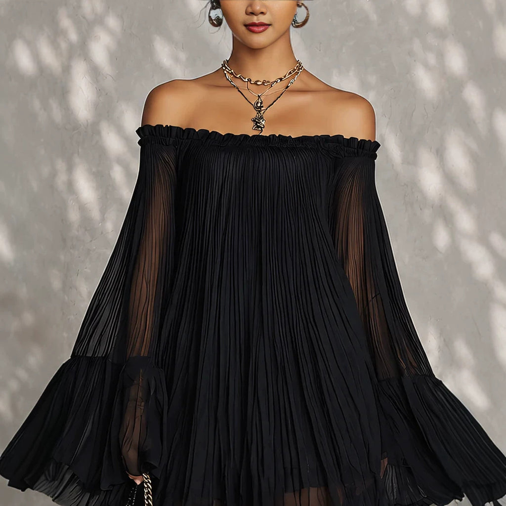 Off-Shoulder Pleated Mini Dress