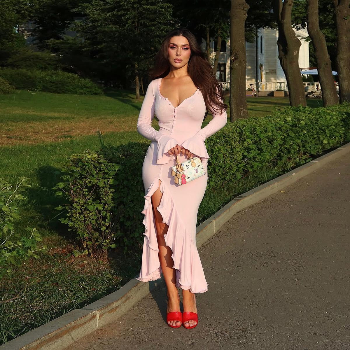 Deep V Ruffle Hem Maxi Dress – Long Sleeve Slim Fit