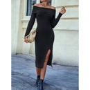 Off-Shoulder Knit Sweater Bodycon Dress – Solid Color