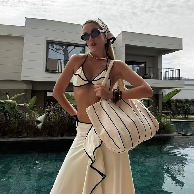 Black and White Color Block Women's Swimwear Set