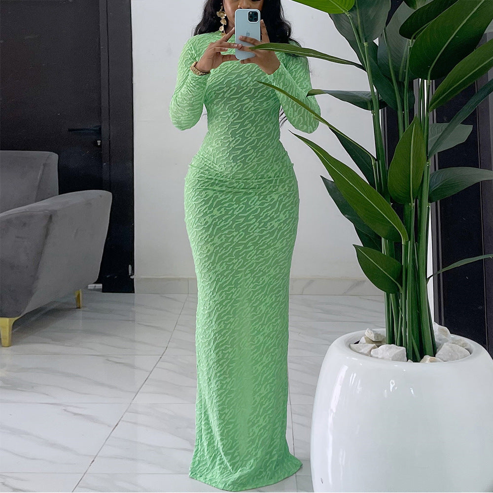 Plush Round Neck Slim Fit Maxi Dress – Long Sleeve