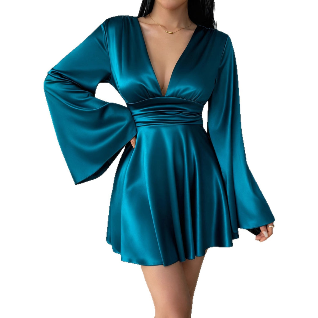 V-Neck Three-Quarter Sleeve Midi Dress – Elegant Solid Color