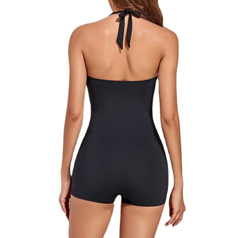 Swimsuit one-piece flat corner gathered pleated neck hanging swimsuit