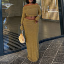 One Shoulder Faux Fur Top & Maxi Skirt Set – Elegant Two-Piece