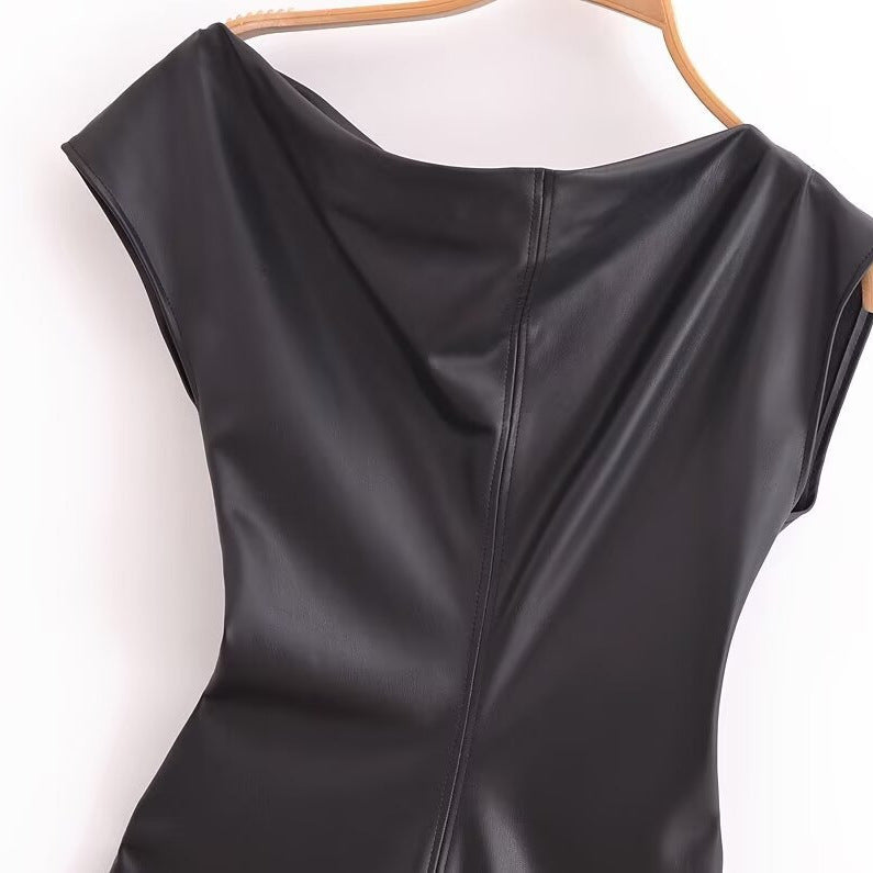 Asymmetric Faux Leather Pleated Maxi Dress – Slim Fit