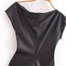 Asymmetric Faux Leather Pleated Maxi Dress – Slim Fit