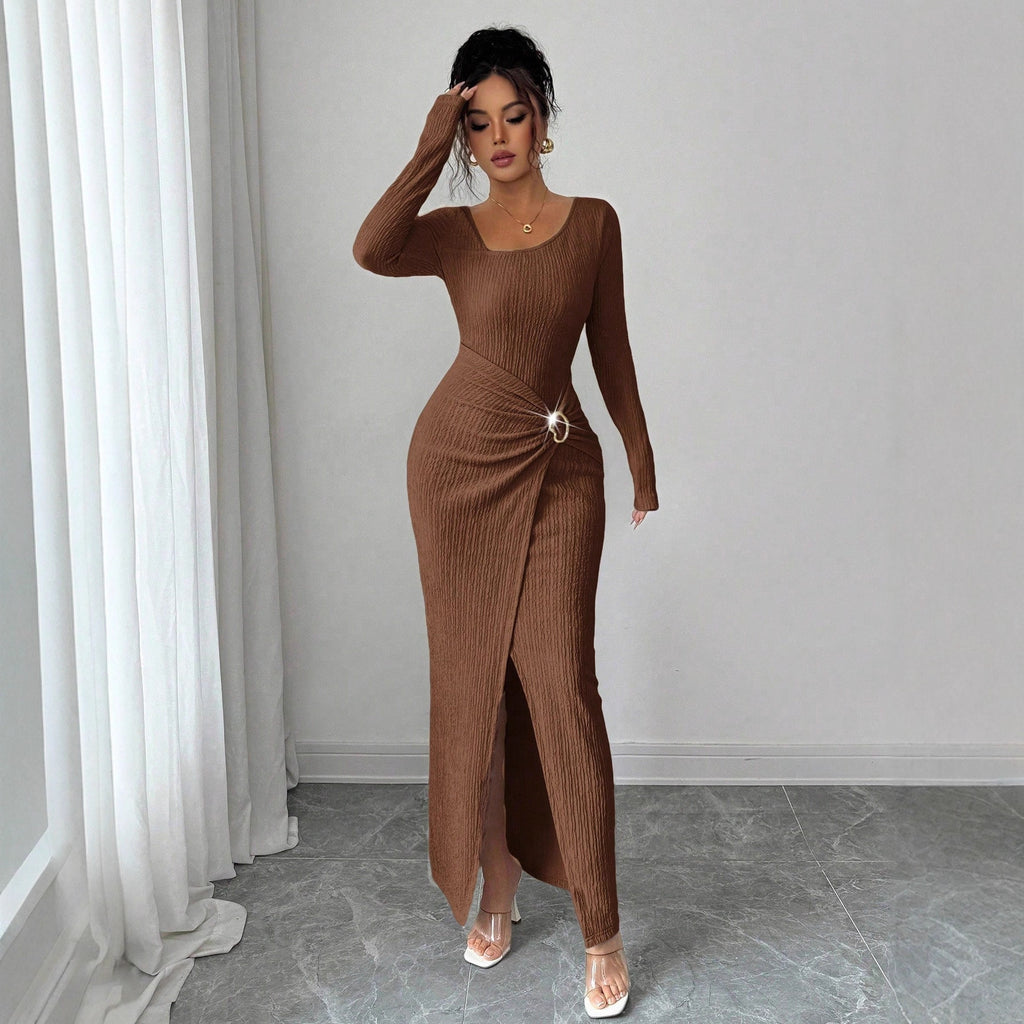 Boat Neck Long Sleeve Elegant Maxi Dress – Solid Color