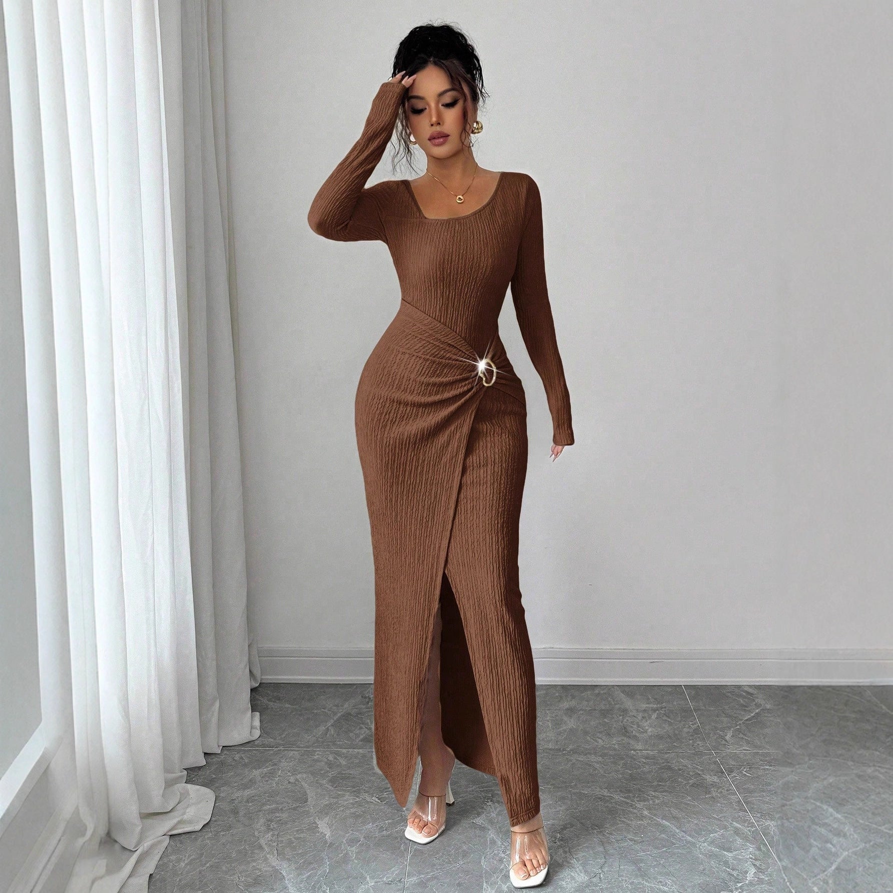 Boat Neck Long Sleeve Elegant Maxi Dress – Solid Color