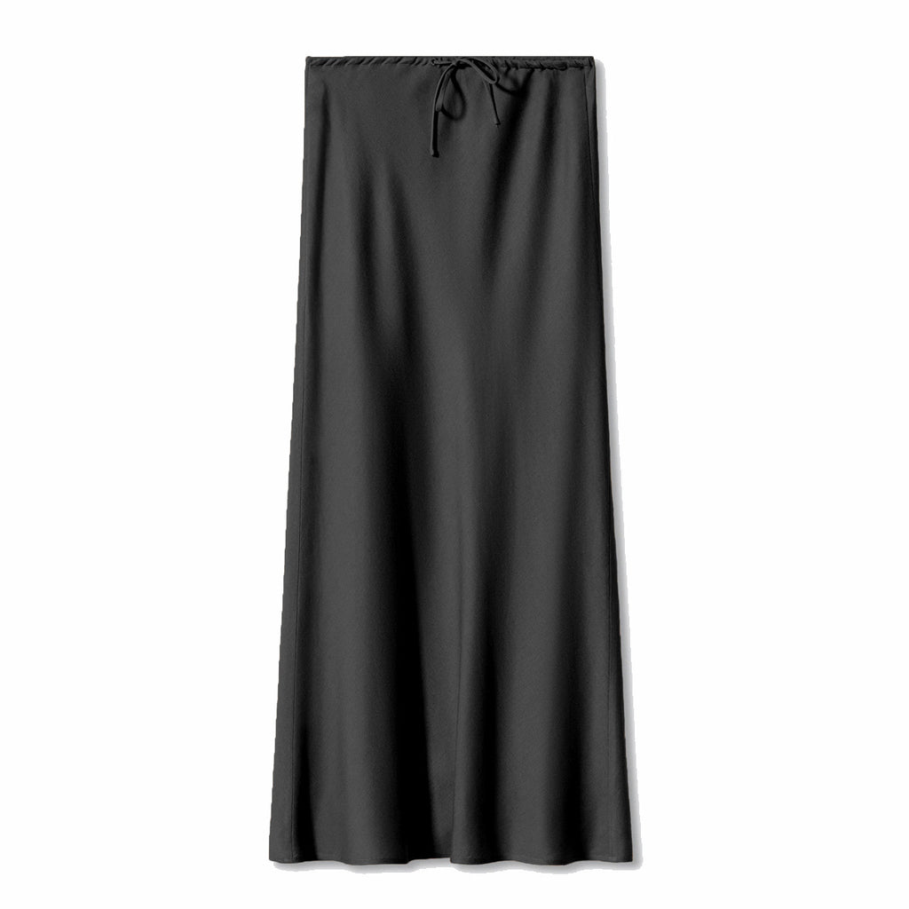 High Waist Satin Maxi Skirt – Drawstring Solid Color