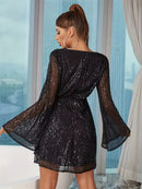 Fashionable spicy girl sequin dress deep V large swing loose long sleeved dress