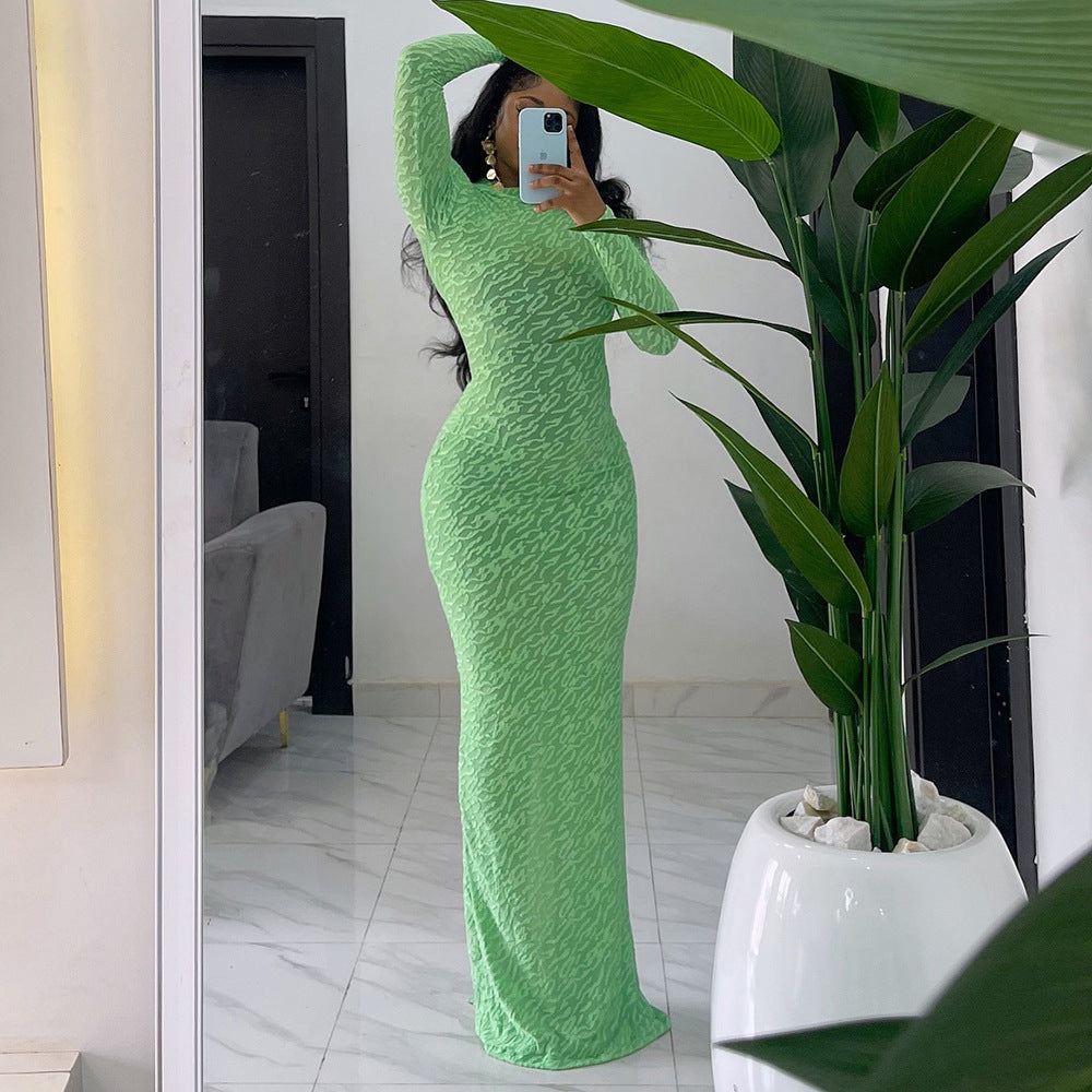 Plush Round Neck Slim Fit Maxi Dress – Long Sleeve