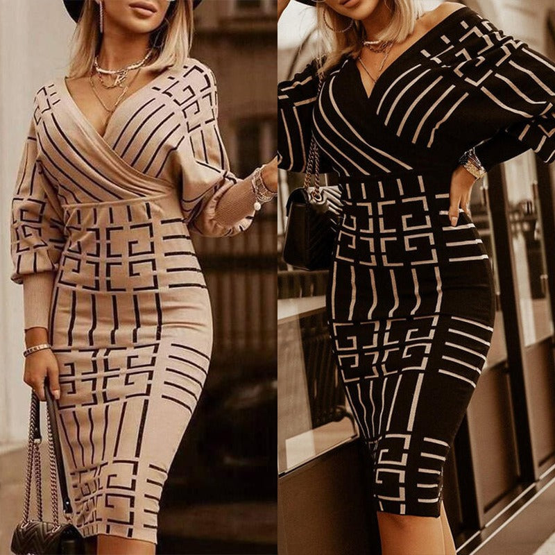 Geometric V-Neck Sweater Dress