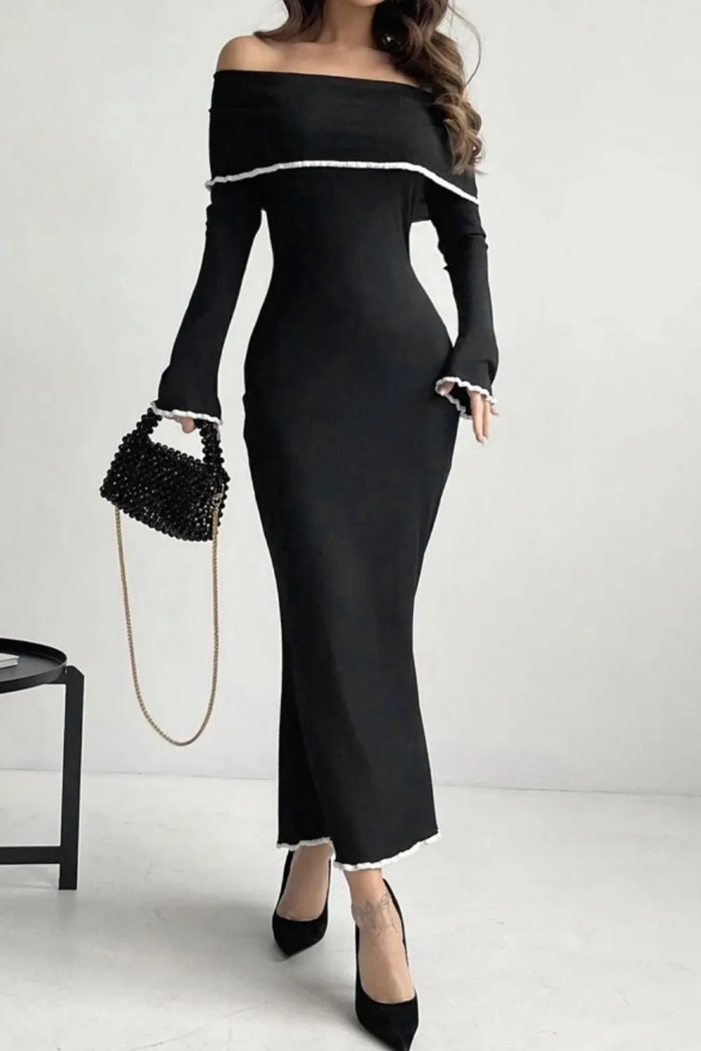 Off-Shoulder Long Sleeve Contrast Trim Maxi Sweater Dress