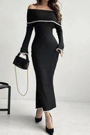 Off-Shoulder Long Sleeve Contrast Trim Maxi Sweater Dress