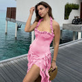 Women's European and American style spring and summer fashion street shot pure sexy halter neck irregular slim dress