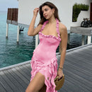 Women's European and American style spring and summer fashion street shot pure sexy halter neck irregular slim dress