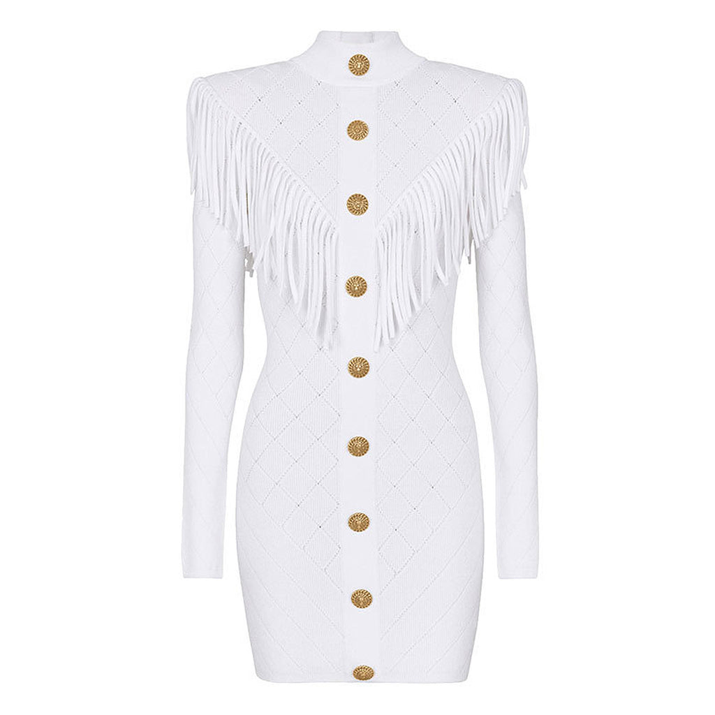 V-Neck Tassel Knit Midi Dress – Long Sleeve