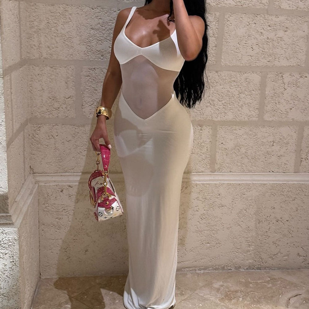 Mesh Splice V-Neck Maxi Dress – Sleeveless Bodycon