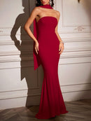 Elegant Fitted Strapless Ribbon-Trimmed Sheath Dress for Women Party Evening Gown