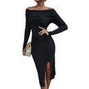 Off-Shoulder Knit Sweater Bodycon Dress – Solid Color