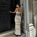 Summer Knitted Color Contrasting French Bohemian Strap Dress with Hollow out Pure Desire Slimming and Hip hugging Long Skirt, High end Feeling