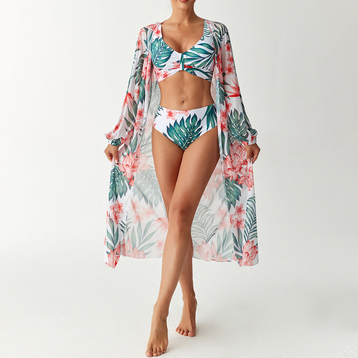 Printed Long-Sleeve Three-Piece Swim Set