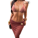 Three piece swimsuit set solid color lace up neck