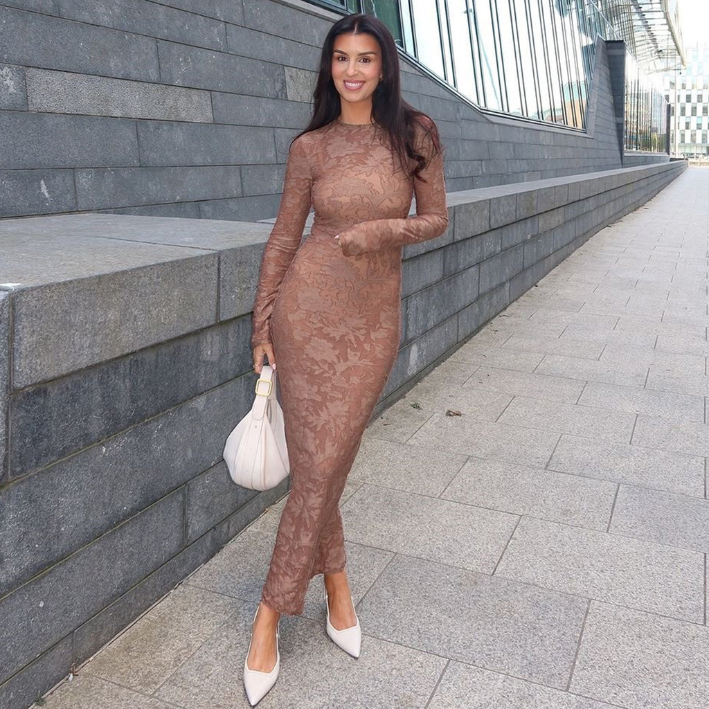 Elastic Jacquard Long Sleeve Straight Maxi Dress