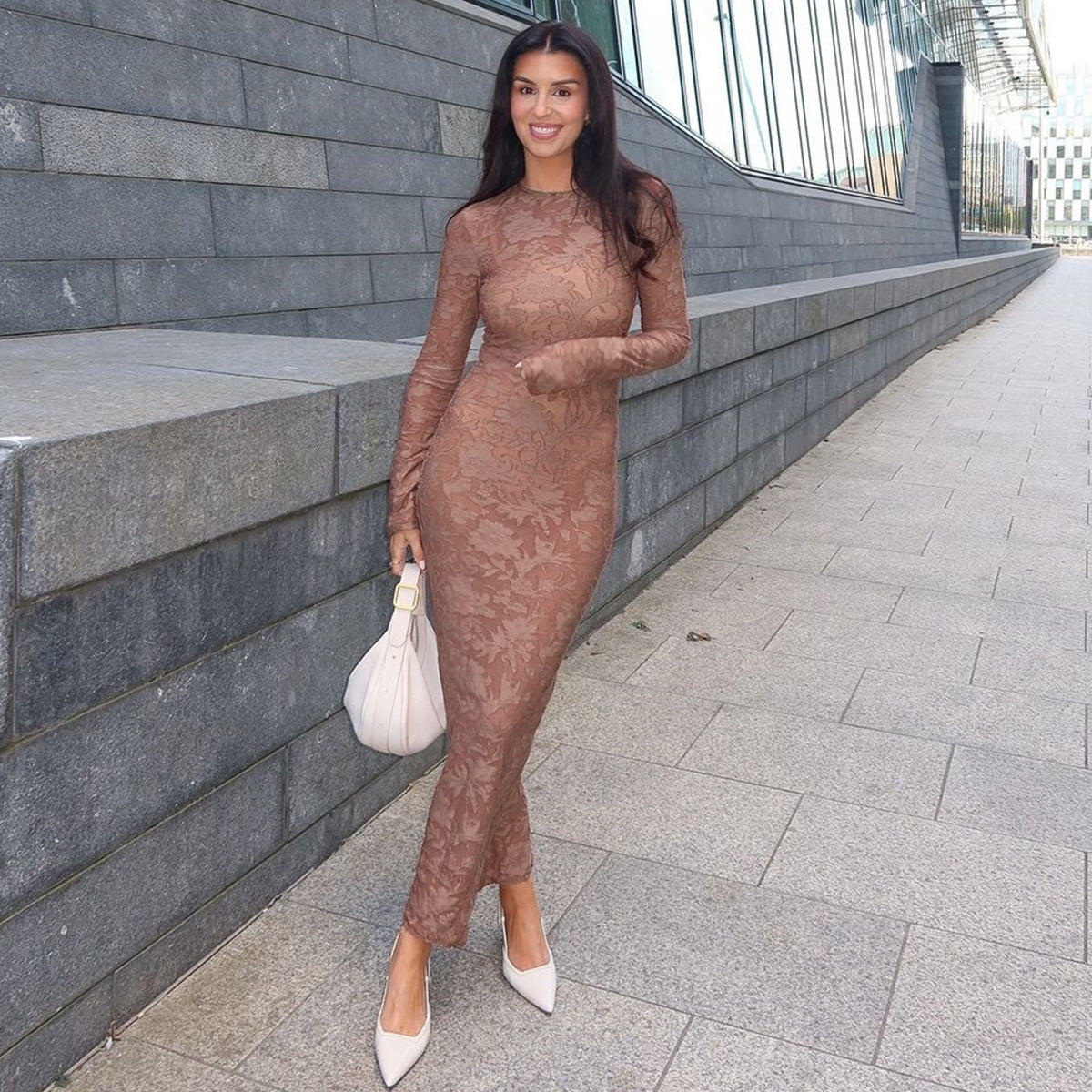 Elastic Jacquard Long Sleeve Straight Maxi Dress