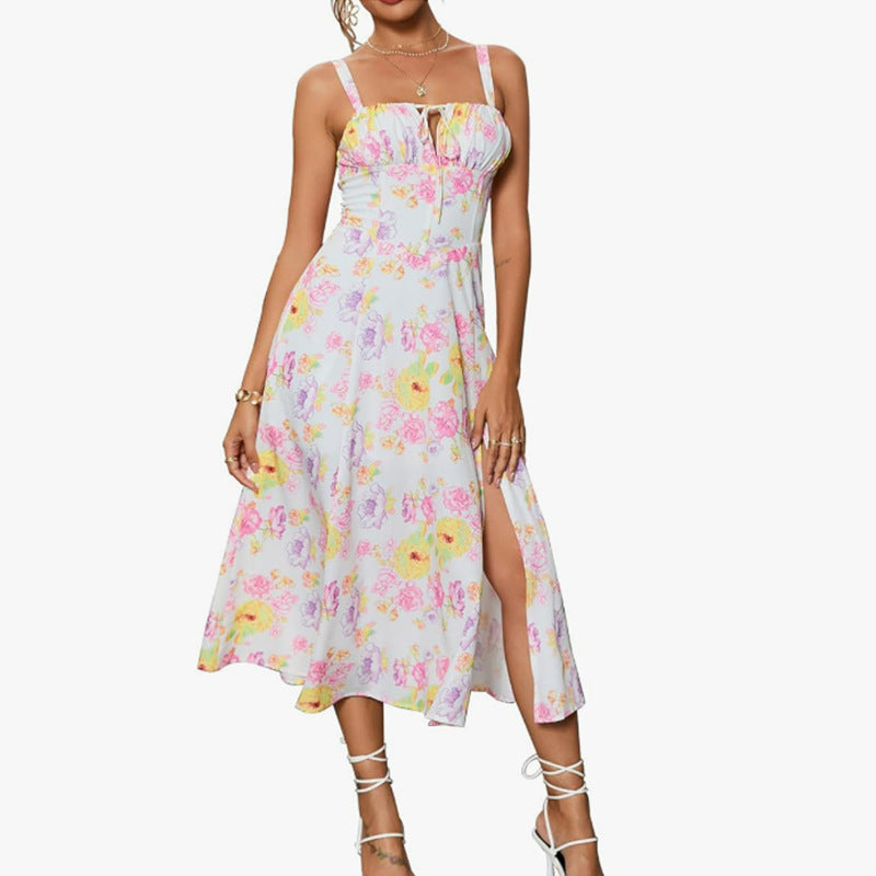 Lace-Up Drawstring Slit Cami Dress